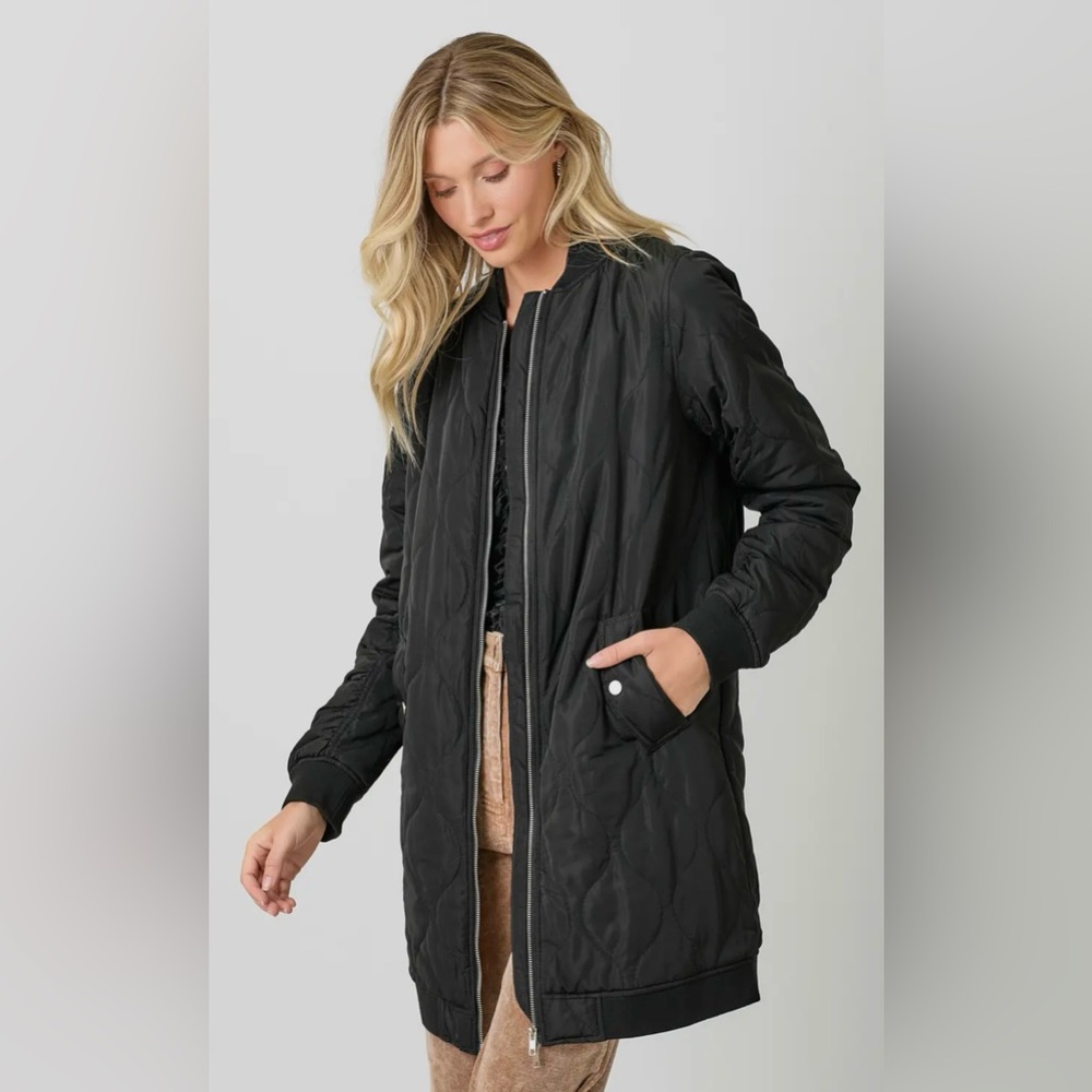 NEW Mystree Black Quilted Puffer Long Jacket W/Pockets Full Zip